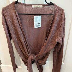 Anthropologie Linen Gold Shimmer Brown Tie Cardigan